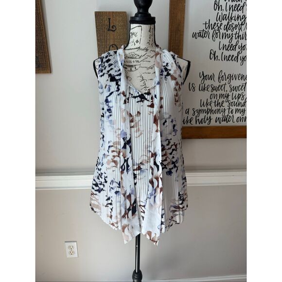 Donna Karan Tops - Donna Karan Women's Pleated Tie Neck Sleeveless Blouse Top White Tan Size Large